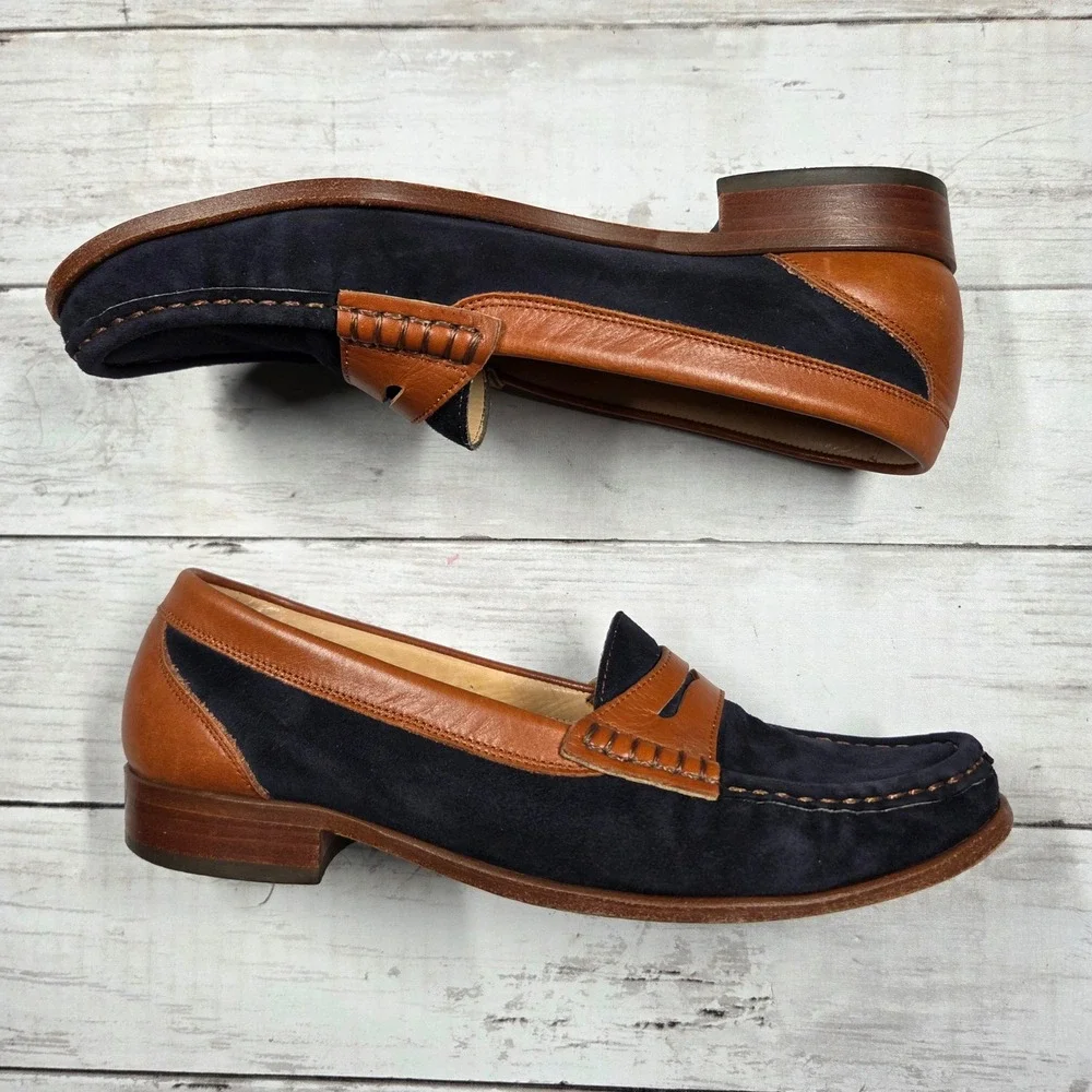 House of Bruar Penny Loafers Men 6 Navy Tan Suede Leather‎ Two Tone Scotland